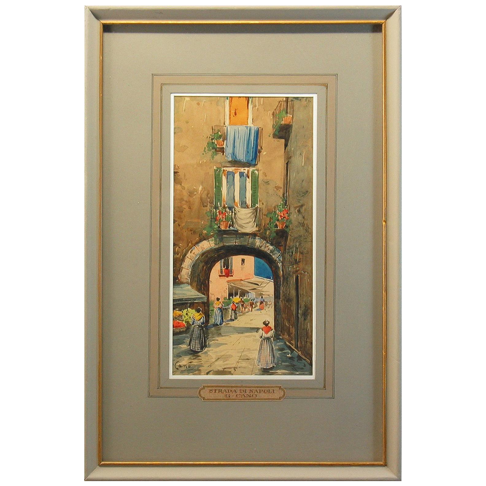 G. Cano 'Italian 19th-20th Century' Street Scene in Naples Watercolor For Sale