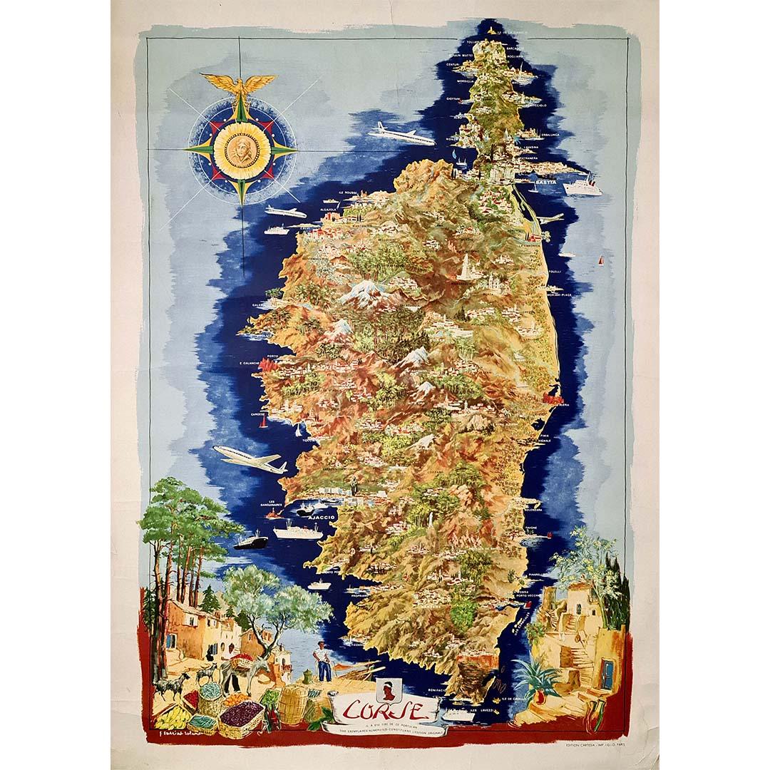 Schönes und ungewöhnliches Plakat mit einer bildlichen geografischen Darstellung von Korsika, belebt durch zahlreiche ankommende und abfliegende Schiffe und Flugzeuge, die die kommerzielle und touristische Dynamik der Insel unterstreichen. Der von