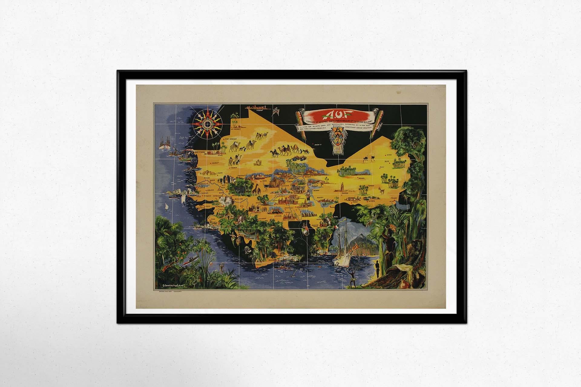 The circa 1950 original map poster by G. Carriat Rolant for AOF (Afrique Occidentale Française) is a notable example of mid-20th-century cartographic art and colonial-era representation. Numbered 584 out of 1000, this limited-edition piece was