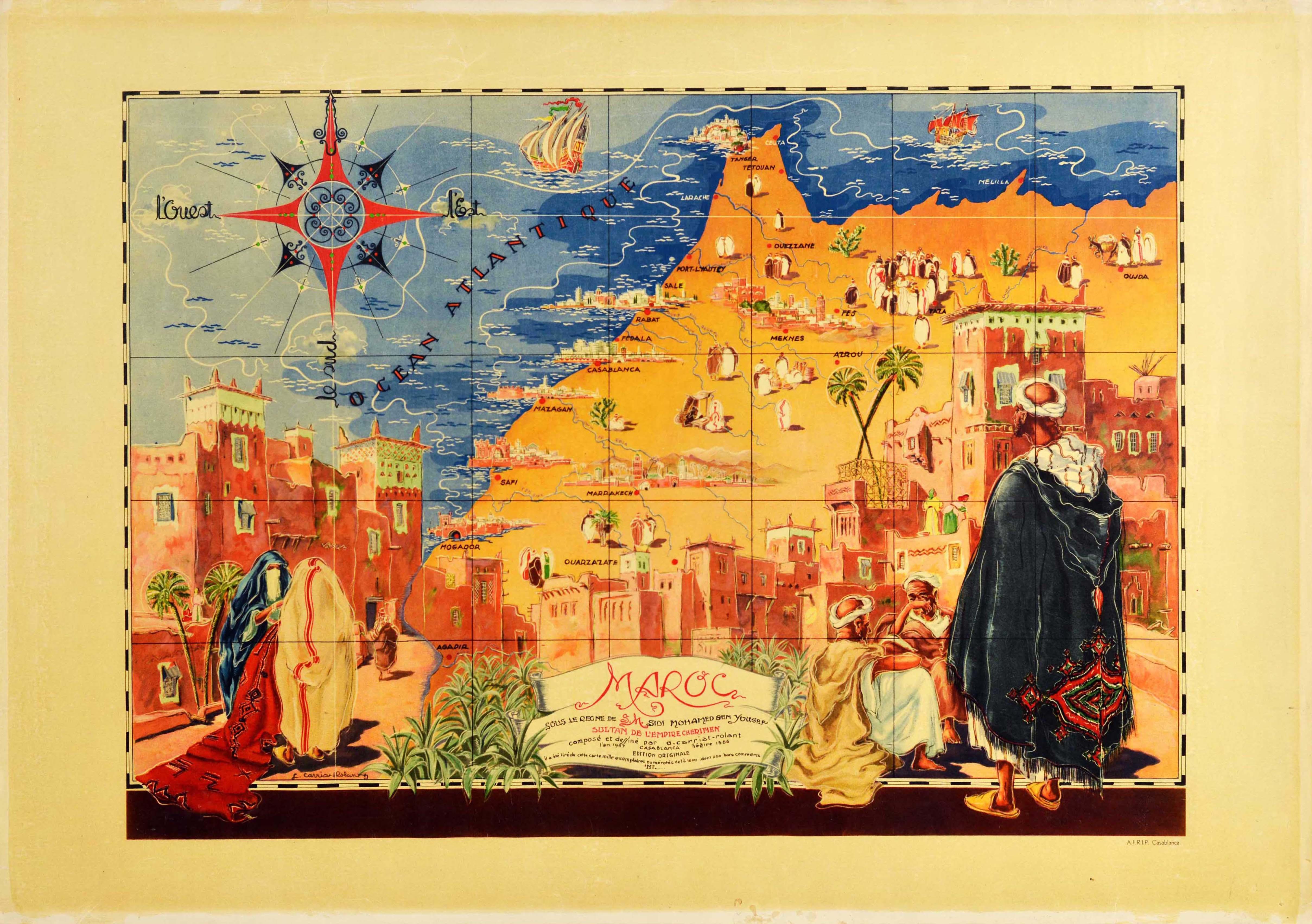 G. Carriat-Rolant Print - Original Vintage Map Poster Morocco Maroc Regne Sidi Mohamed Ben Yousef Sultan
