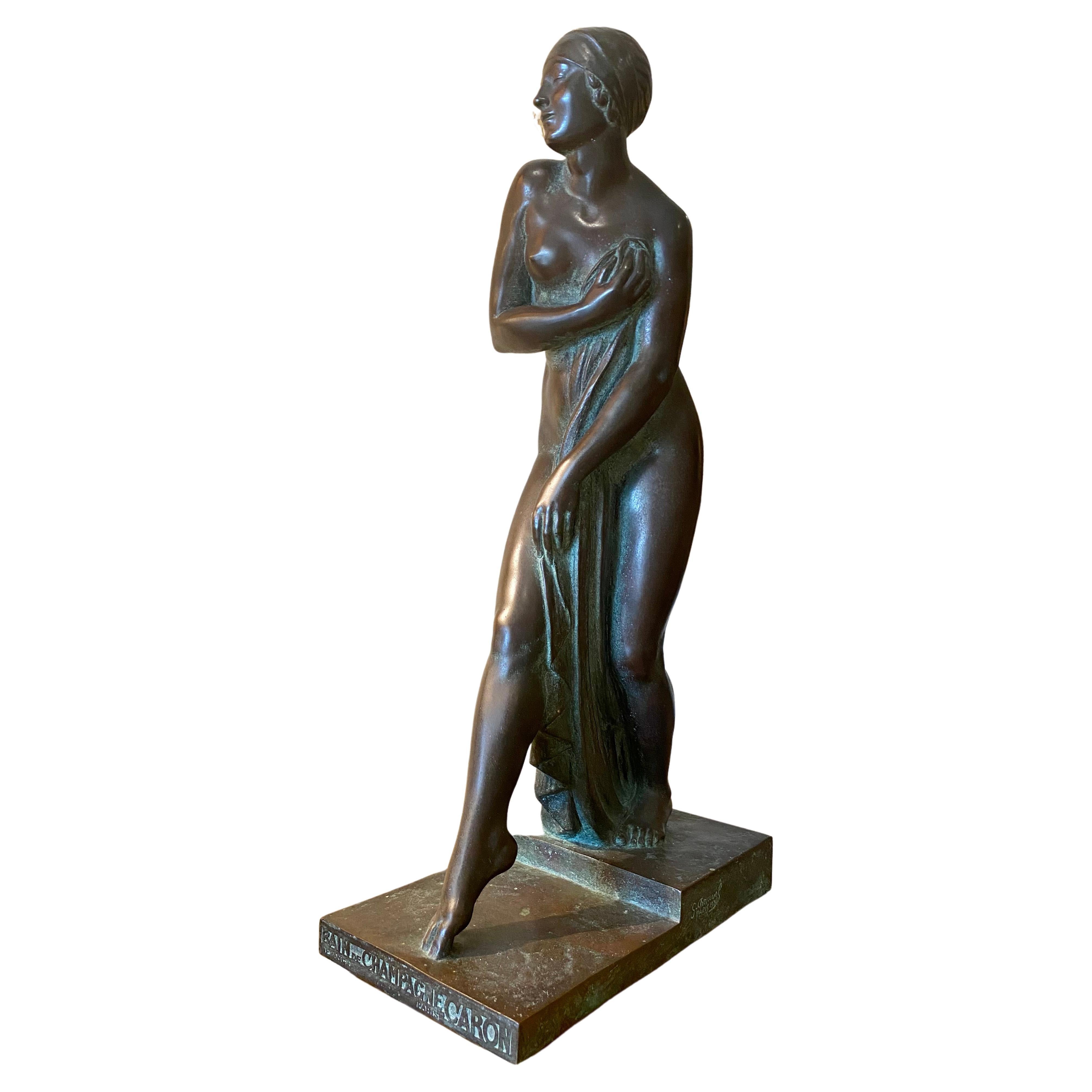 G. Chauvel, Bronze Statuette "Bath of Champagne Caron Paris 1926", Art Deco For Sale