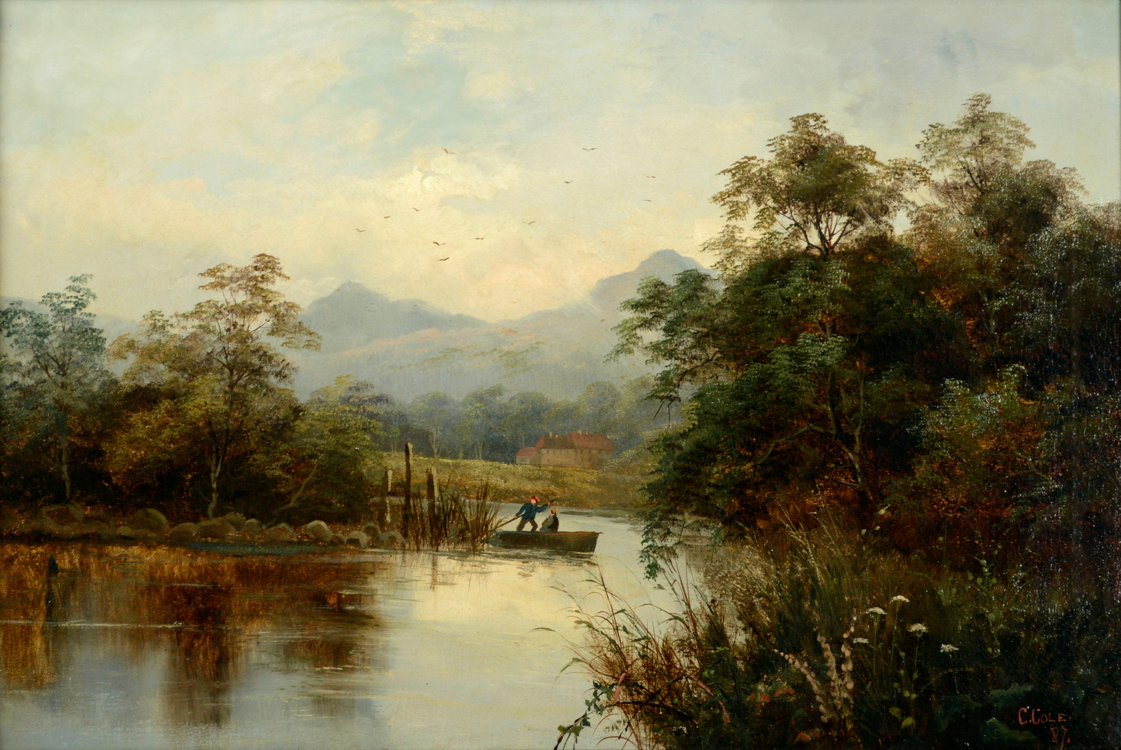 Late 19th-Century English School Figural Landscape, River Landscape w. Rowboat - Painting by G Cole