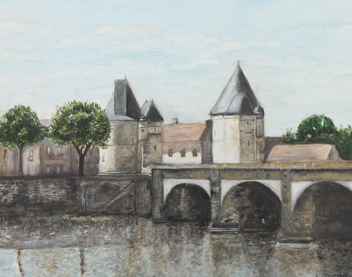 A fine contemporary oil depiction of the Pont Henri in France. The artist has signed and dated to the ,lower right corner and the painting has been attractively presented in a contemporary gilt frame with painted floral motifs along the cove. The