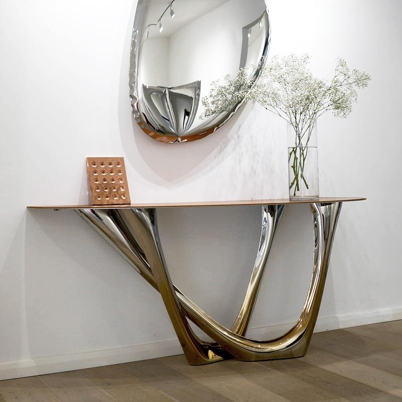 Polish G-Console Duo by Zieta, Stainless Steel Gold and Leather For Sale