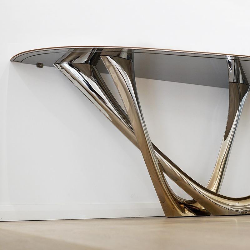 Contemporary G-Console Duo by Zieta, Stainless Steel Gold and Leather For Sale