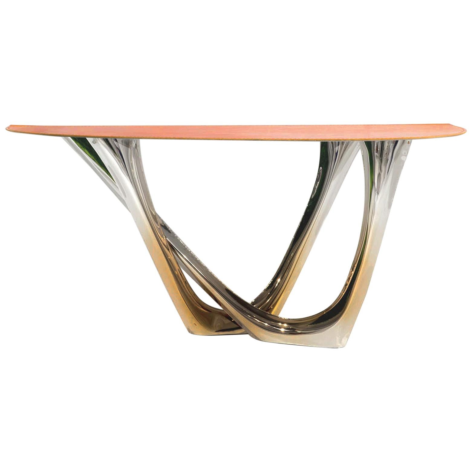 G-Console Duo Table in Gold Flamed Stainless Steel Leather Top by Zieta