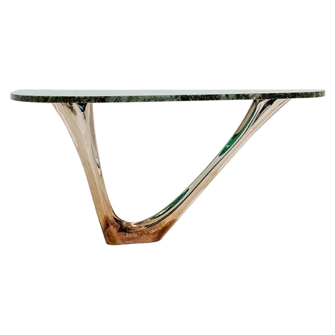 G-Console Mono by Zieta, Stainless Steel Flamed Gold Base and Green Stone Top