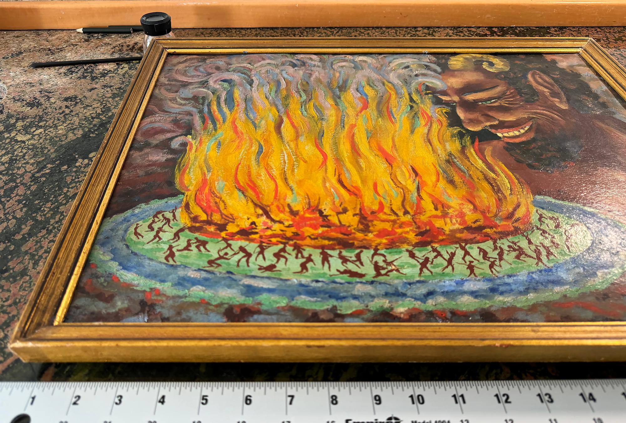 Diavolo gigante sadico che ride con fiamme infernali e piccoli esseri umani in vendita 13