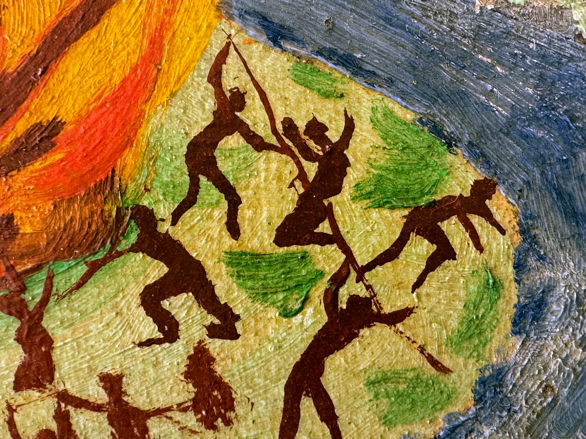 Un diavolo sadico e ridente che fa un gran sorriso è raffigurato mentre si libra su un fuoco infernale.  An si diverte ad assistere a piccoli peccatori simili a formiche che si impegnano in torture eterne, tormenti e conflitti reciproci mentre