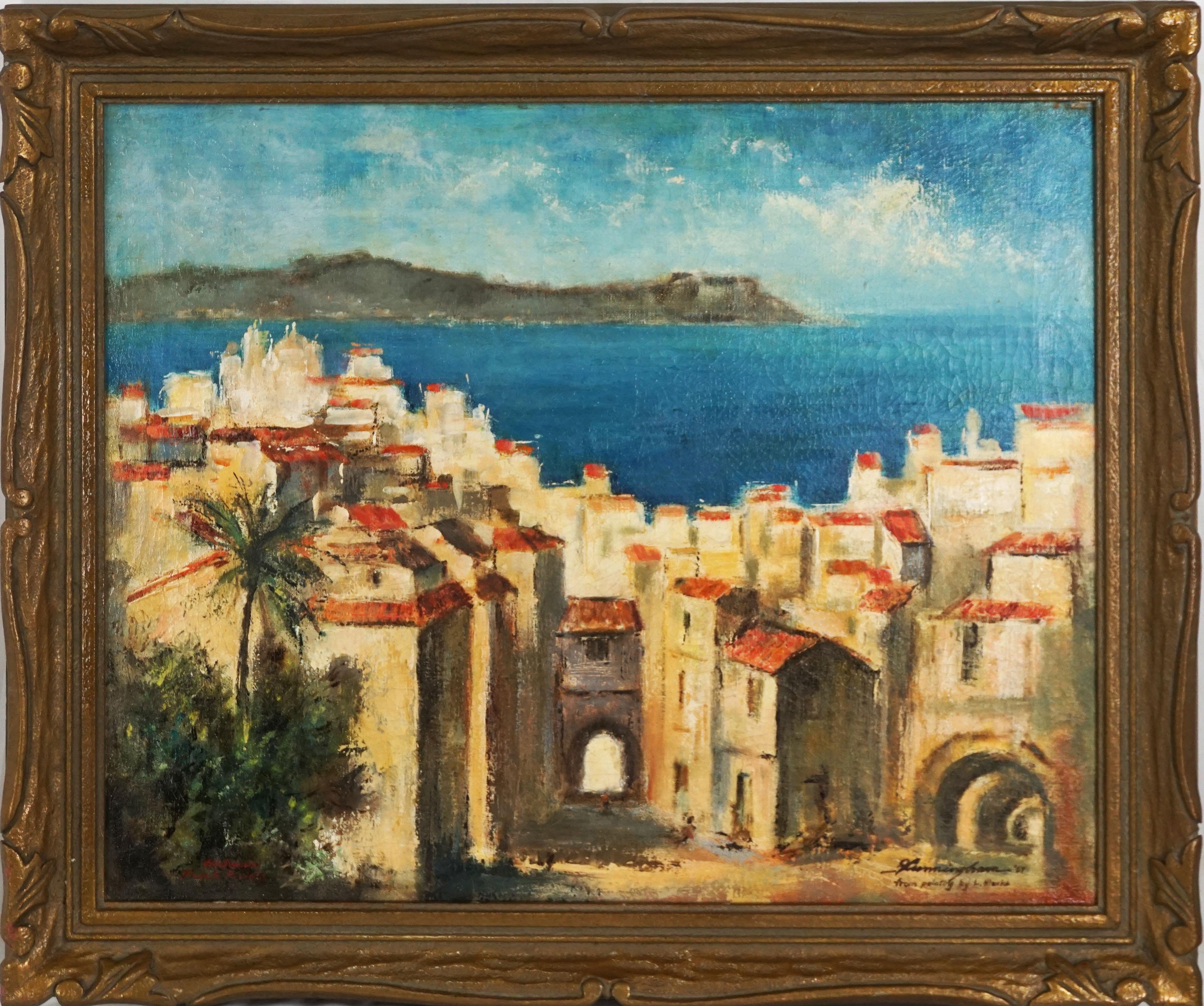 G Cunningham Landscape Painting - Mid Century French Riviera - Villafranche Sur Mer Provence