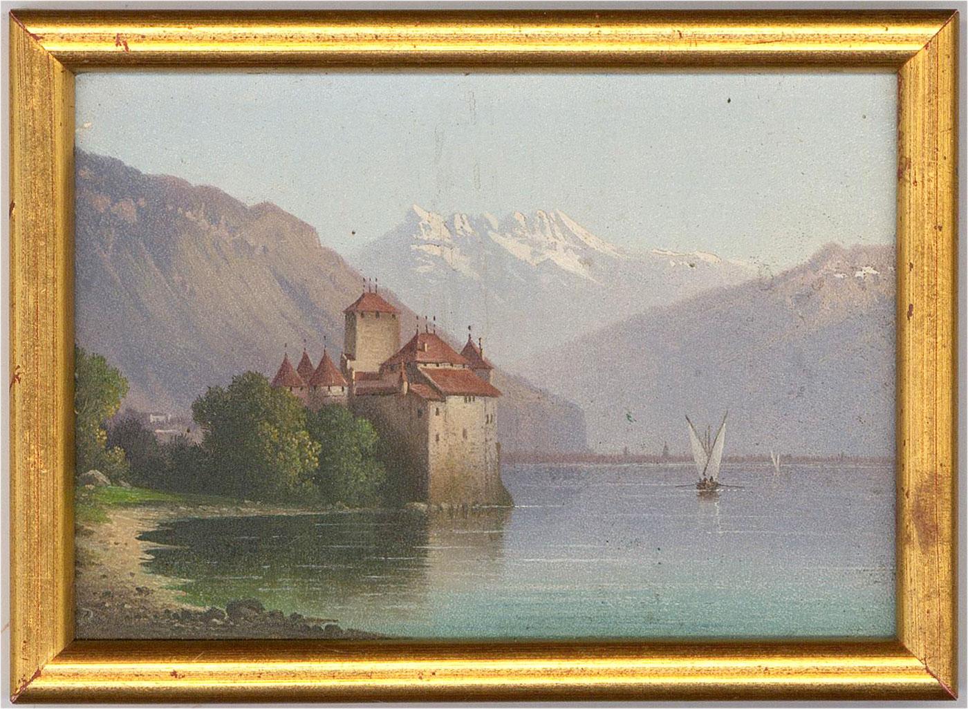 An interesting oil on board of Chillon Castle located on an Island in Lake Geneva, in the background we can see the Alpine valley of Rhône. The charming size of this oil on board adds much decorative charm to the, already very accomplished, scene.