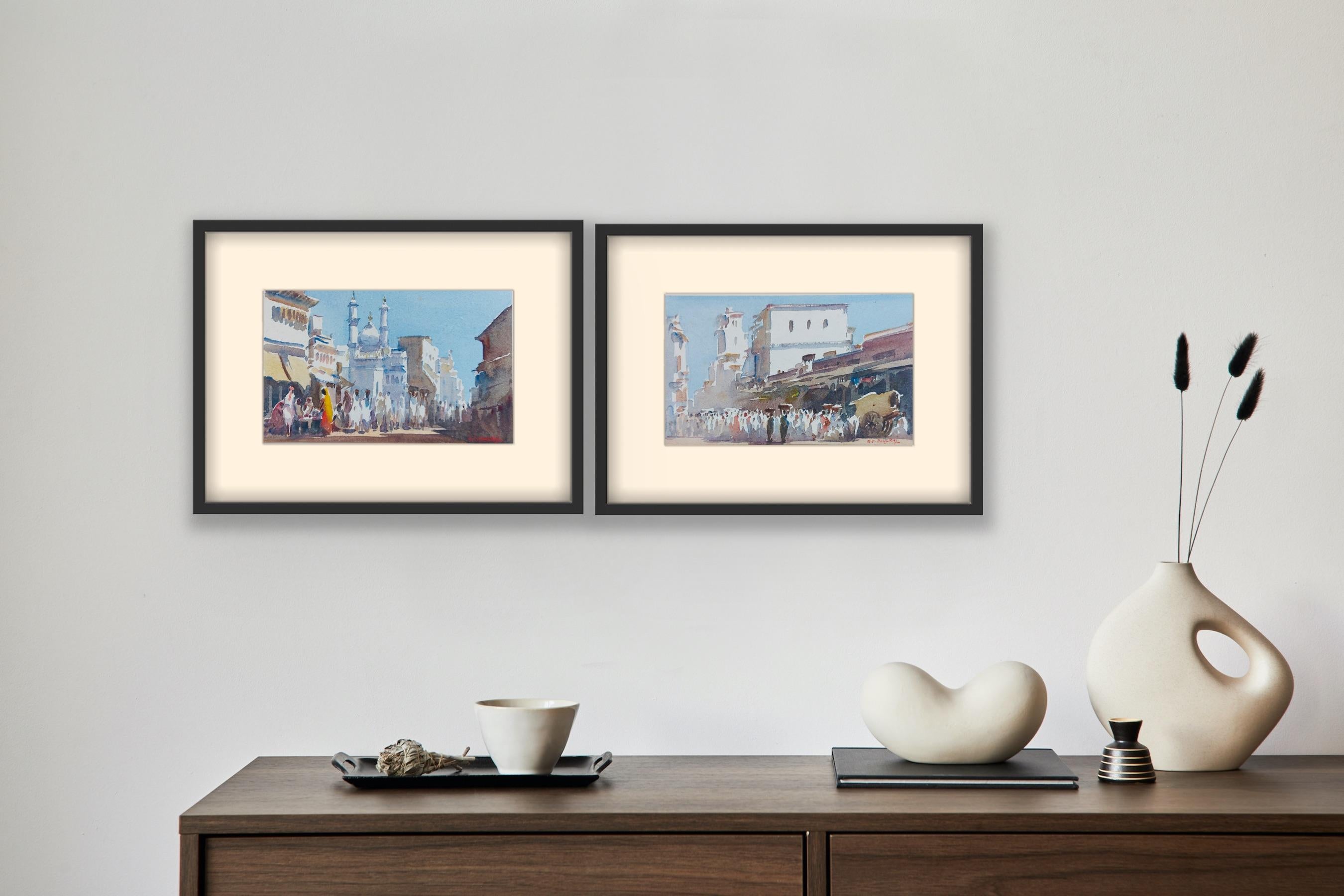 Pair Watercolours India Indian Artist Impressionist Street Scenes Mosque Blues 3