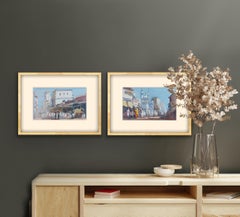 Pair Watercolours India Indian Artist Impressionist Street Scenes Mosque Blues