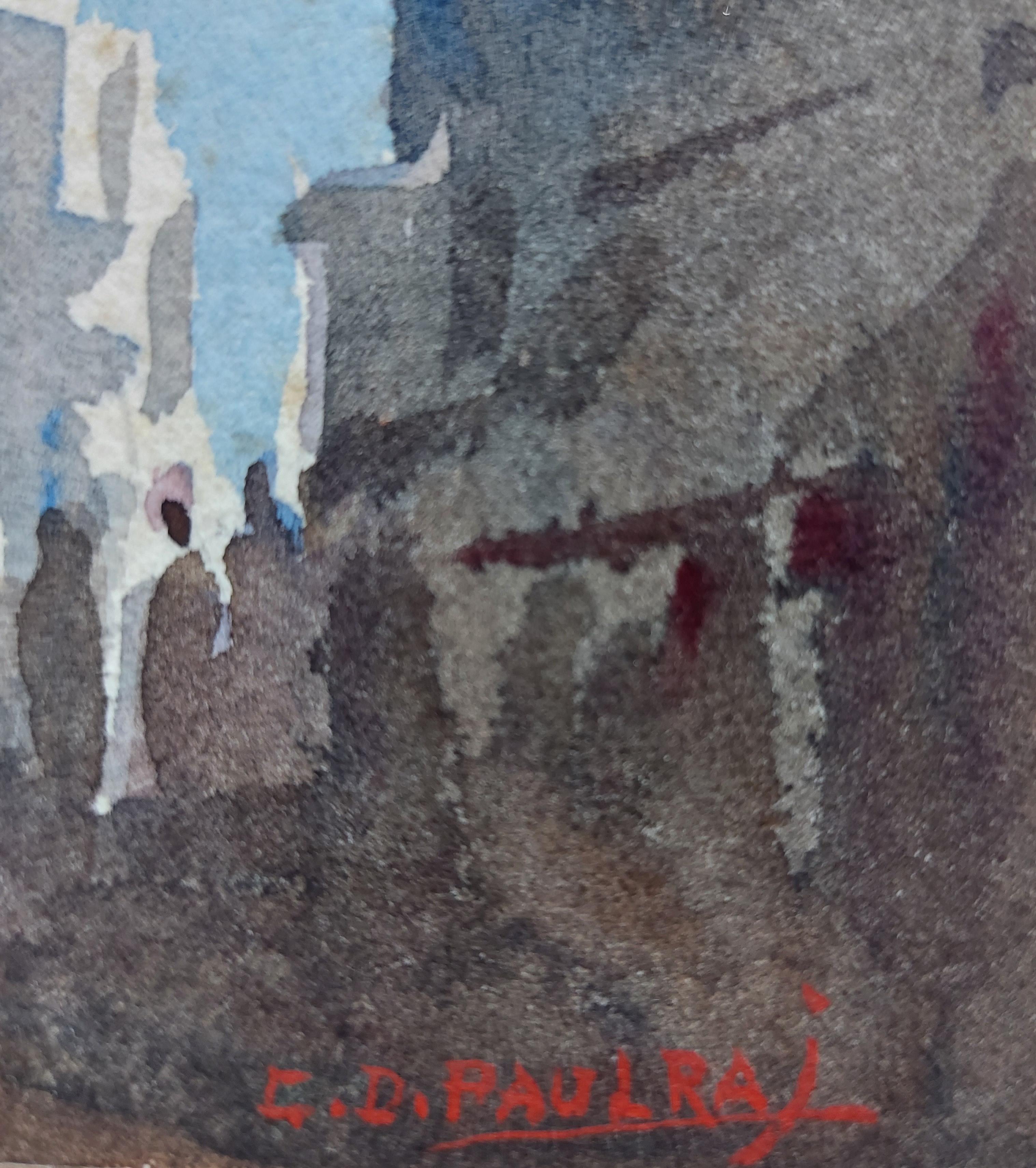 Pair Watercolours India Indian Artist Impressionist Street Scenes Mosque Blues 1