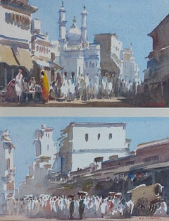 Pair Watercolours India Indian Artist Impressionist Street Scenes Mosque Blues