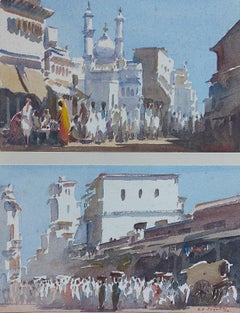 Ein Paar Aquarelle Indien, indische Künstler, impressionistische Straßenszenen, Moschee Blues
