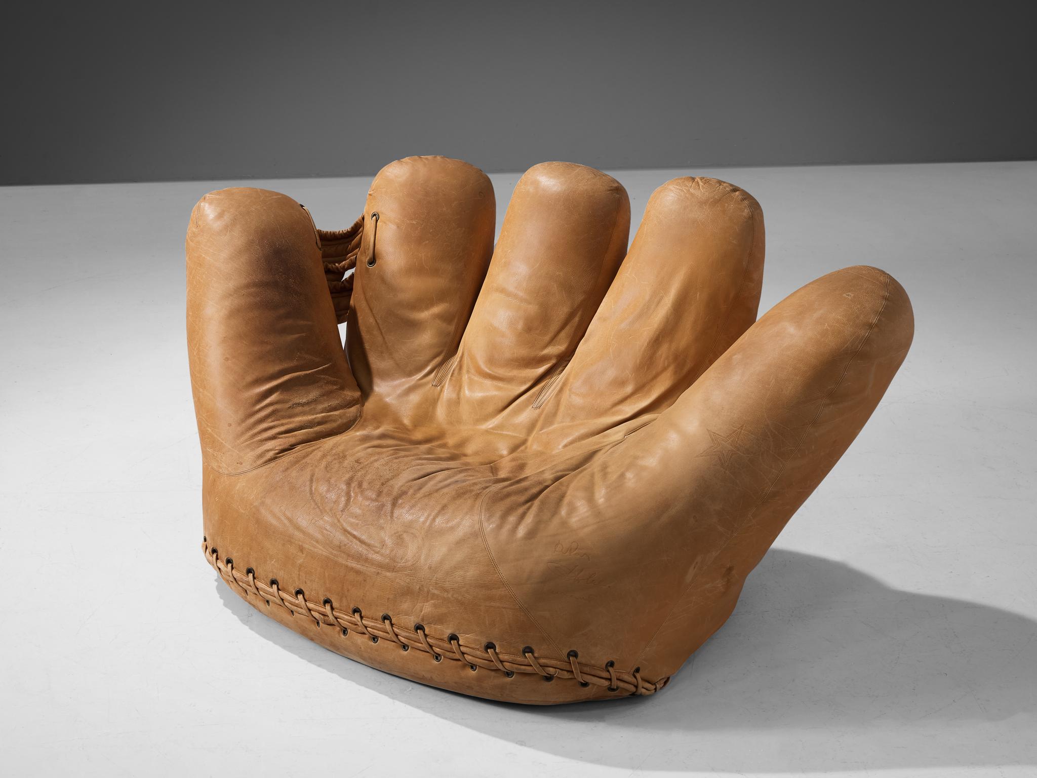 Gionathan de Pas & Donato D'Urbino and Paolo Lomazzi for Poltronova, glove chair, cognac leather, 1970s, Italy.

This extraordinary chair is named the 'Joe Seat' and was dedicated to the legendary baseball champion Joe DiMaggio. The giant 'Joe