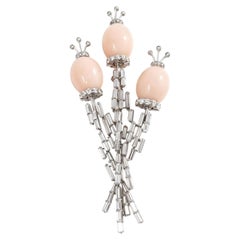 G. Devecchi Coral and Diamond Brooch in Platinum, Italy 1980s