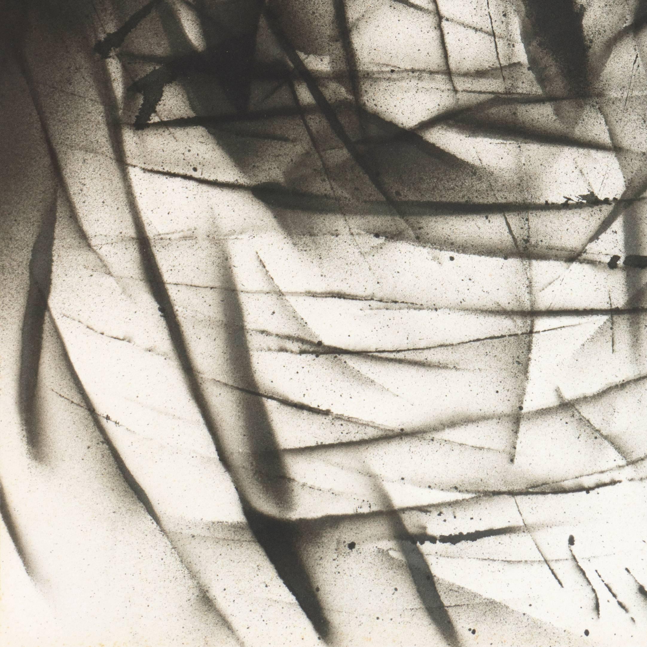 Signed bottom right 'G. Distefano' and dated 1965.

An exploration of tonality using airbrush techniques and negative space, sweeping lines define a figure.
