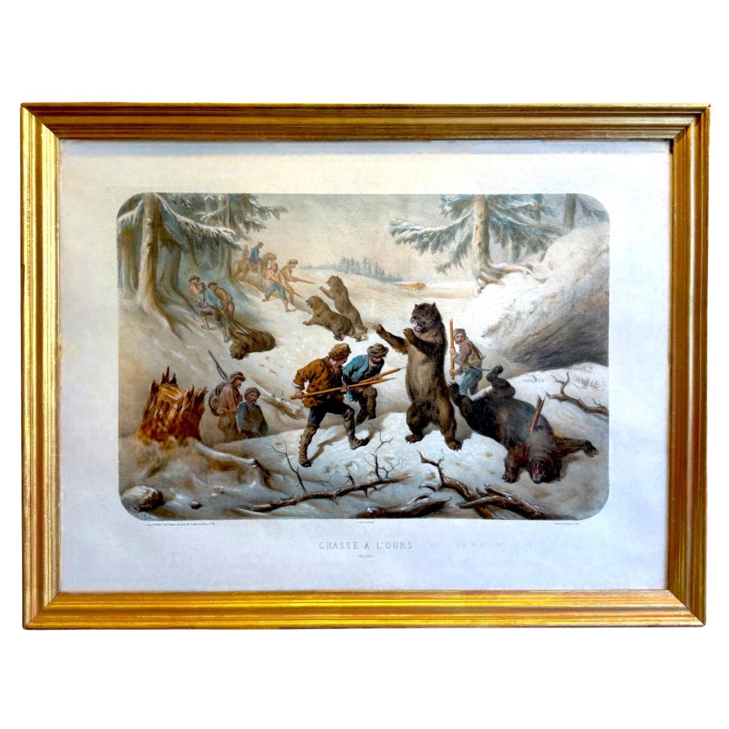 G. Doré (1832–1883) Chasse à l’Ours (Russie), lithograph, 1862, Paris, France For Sale