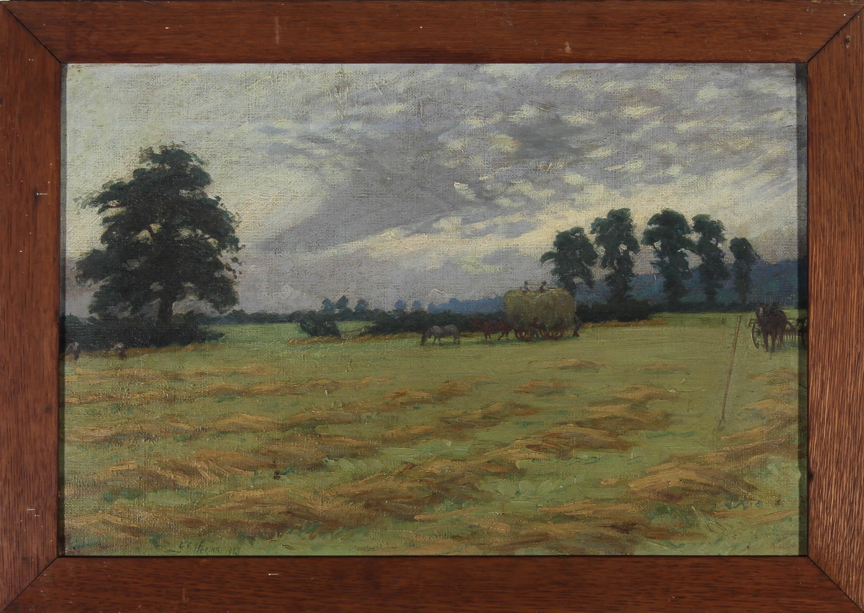 G. E. Glennie Landscape Painting - G. E. Hering - Framed 1903 Oil, Haytime in the Meads