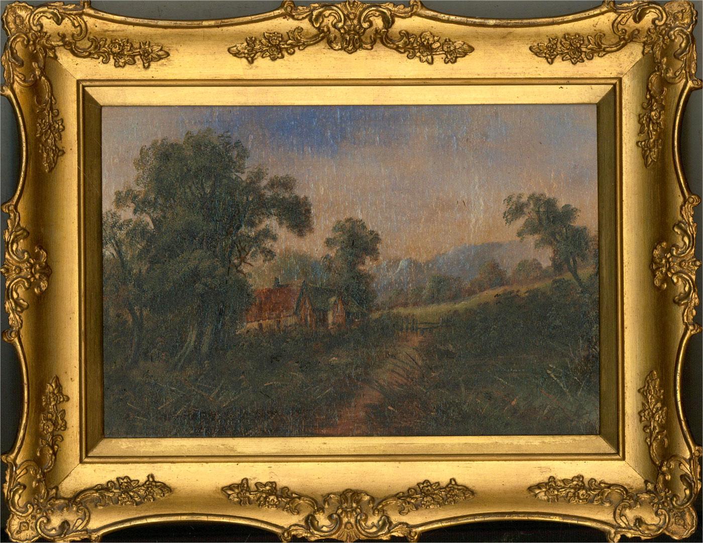 A turn-of-the century country scene depicting a cottage sheltered by trees. Presented in an ornate gilt-effect wooden frame with swept rails and corners and floral and foliate moulding. Signed to the lower-left edge. On board.
