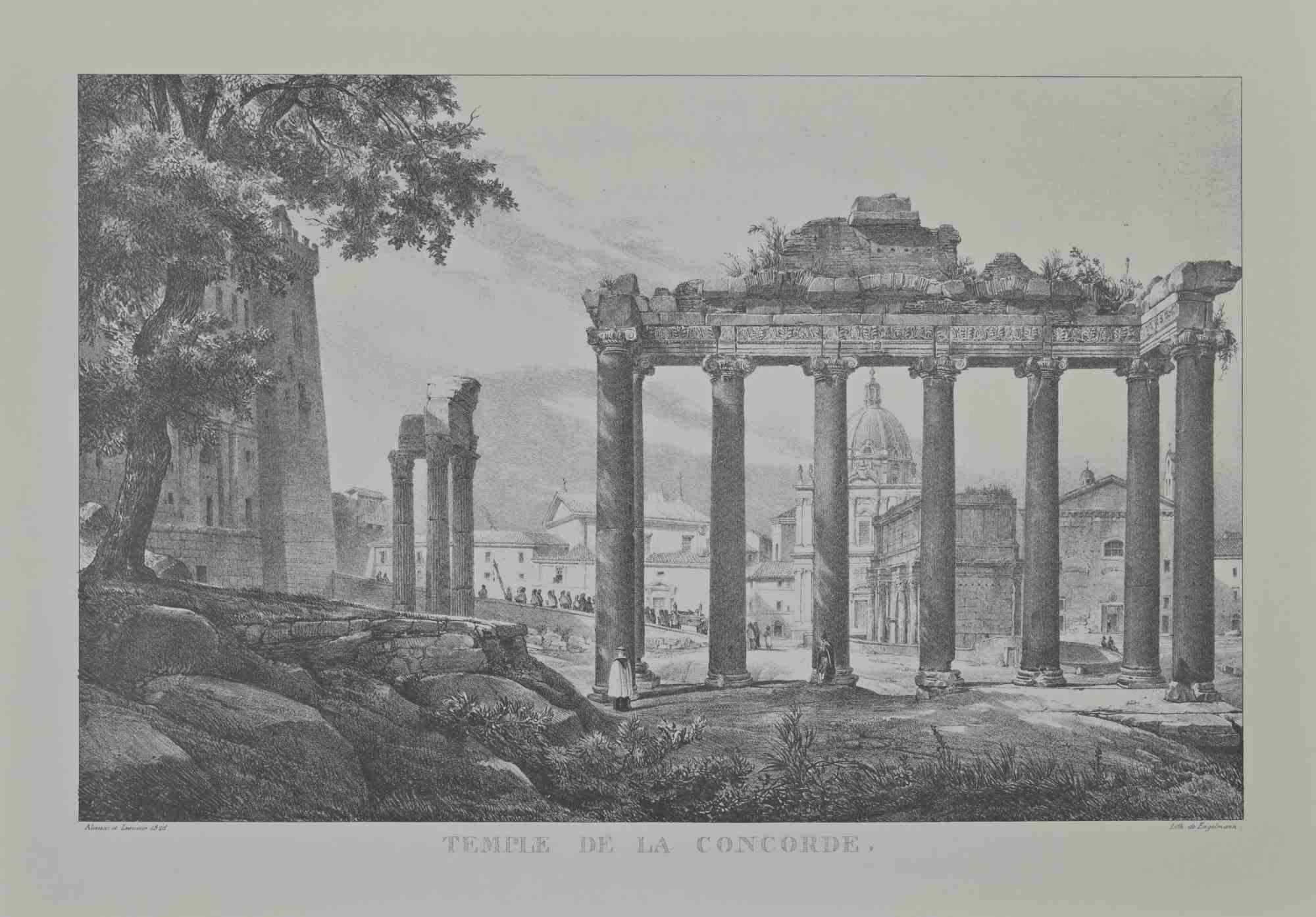Vue du Temple de la Concorde is a vintage offset print artwork on paper, realized after G. Engelmann (1788-1839), in the 1970s.

The artwork is signed on the plate. In very good condition.

The artwork represents a Roman Temple. The artwork is