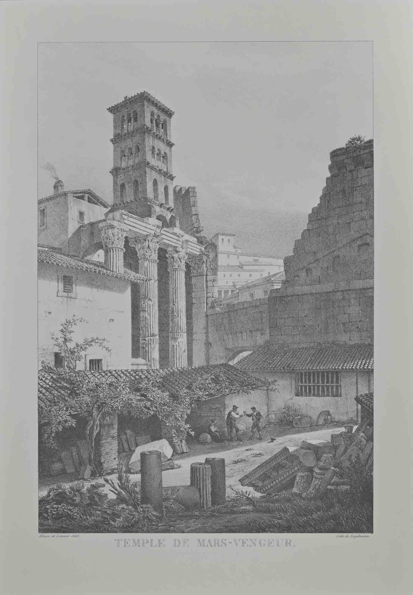 Vue du Temple de Mars-Vengeur is a vintage offset print artwork on paper, realized after G. Engelmann (1788-1839), in the 1970s.

The artwork is signed on the plate. In very good condition.

The artwork represents the Roman Temple of Mars. The