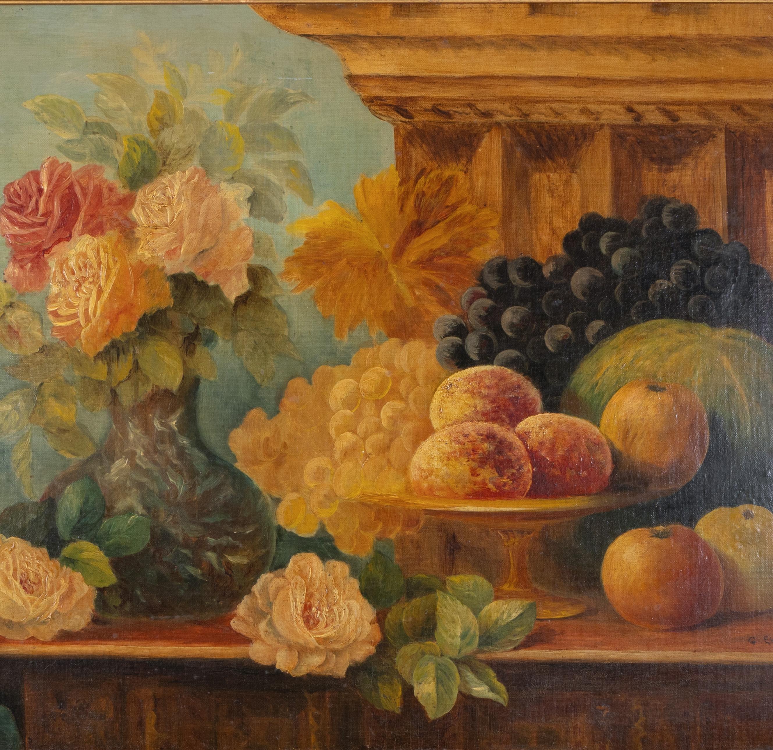 Stillleben mit Rosen und Früchten, Öl auf Leinwand im Stil des 17. Jahrhunderts, datiert 1896 (Britisch) im Angebot