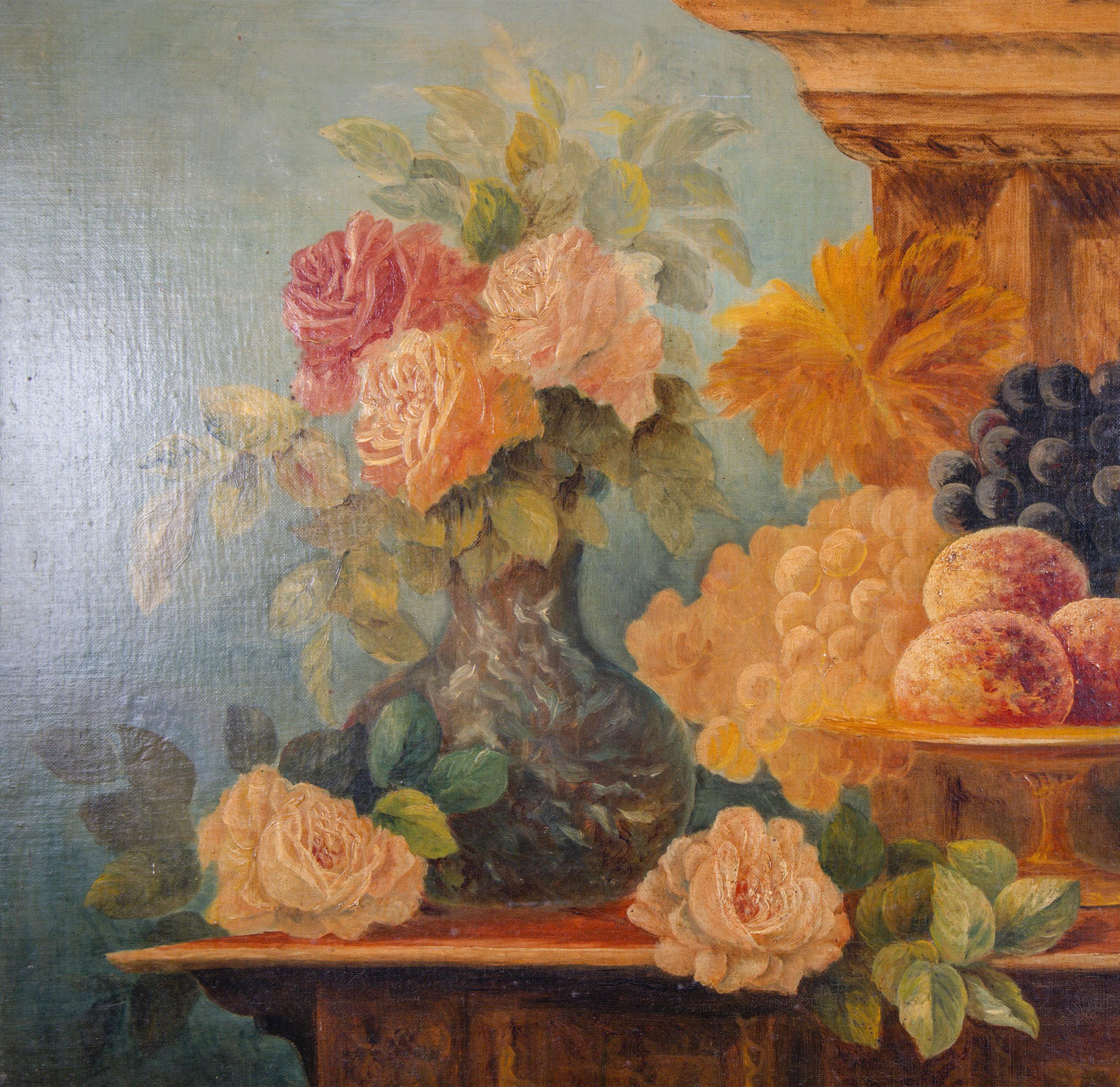 Stillleben mit Rosen und Früchten, Öl auf Leinwand im Stil des 17. Jahrhunderts, datiert 1896 im Zustand „Gut“ im Angebot in TEYJAT, FR