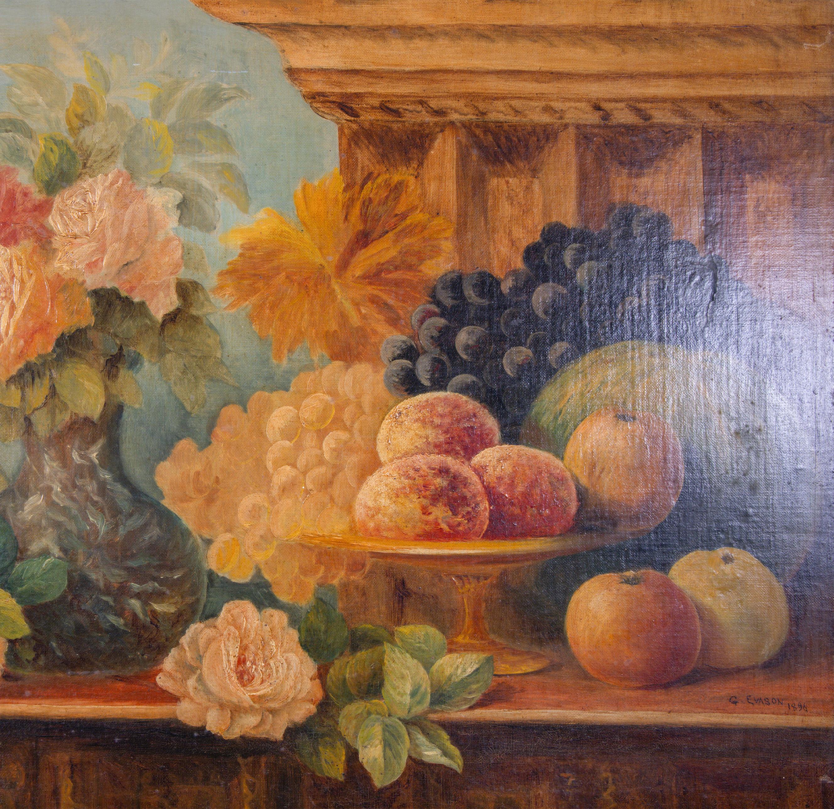 Stillleben mit Rosen und Früchten, Öl auf Leinwand im Stil des 17. Jahrhunderts, datiert 1896 (19. Jahrhundert) im Angebot