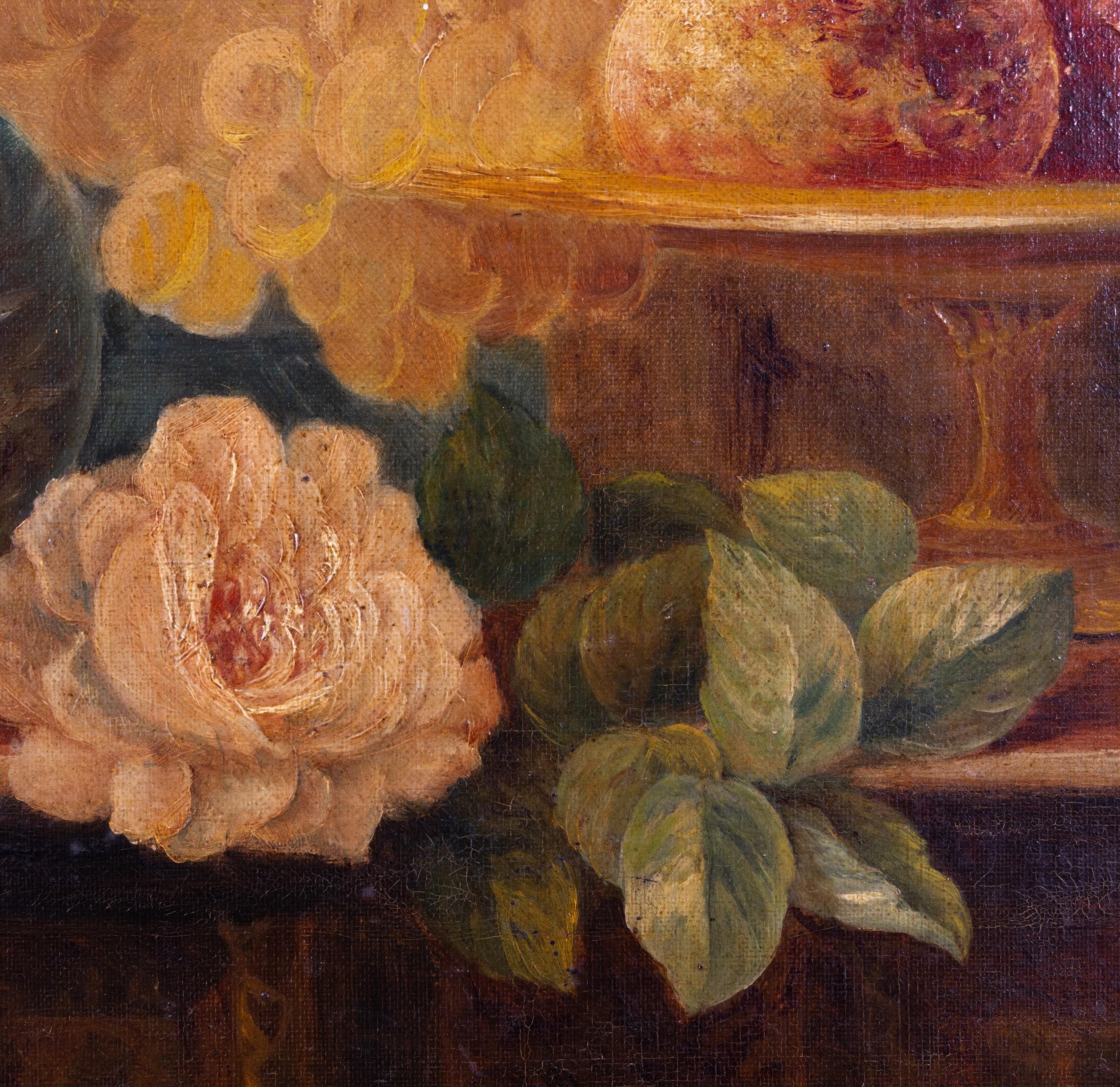 Stillleben mit Rosen und Früchten, Öl auf Leinwand im Stil des 17. Jahrhunderts, datiert 1896 im Angebot 4