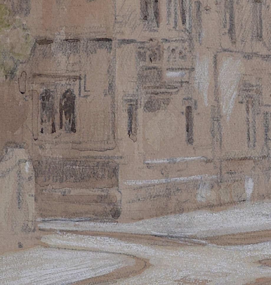 G F Nicholls
Veduta di Oxford all'inizio del XX secolo 
Guazzo
36 x 28 cm 
Firmato in basso a sinistra 

George Frederick Nicholls (1857-1939) è stato un pittore britannico famoso per le sue opere d'arte topografiche, in particolare quelle che