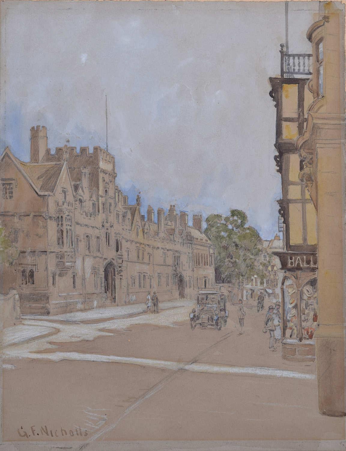 Landscape Painting di G F Nicholls - All Souls College, Oxford - Veduta dei primi anni del XX secolo dalla strada principale