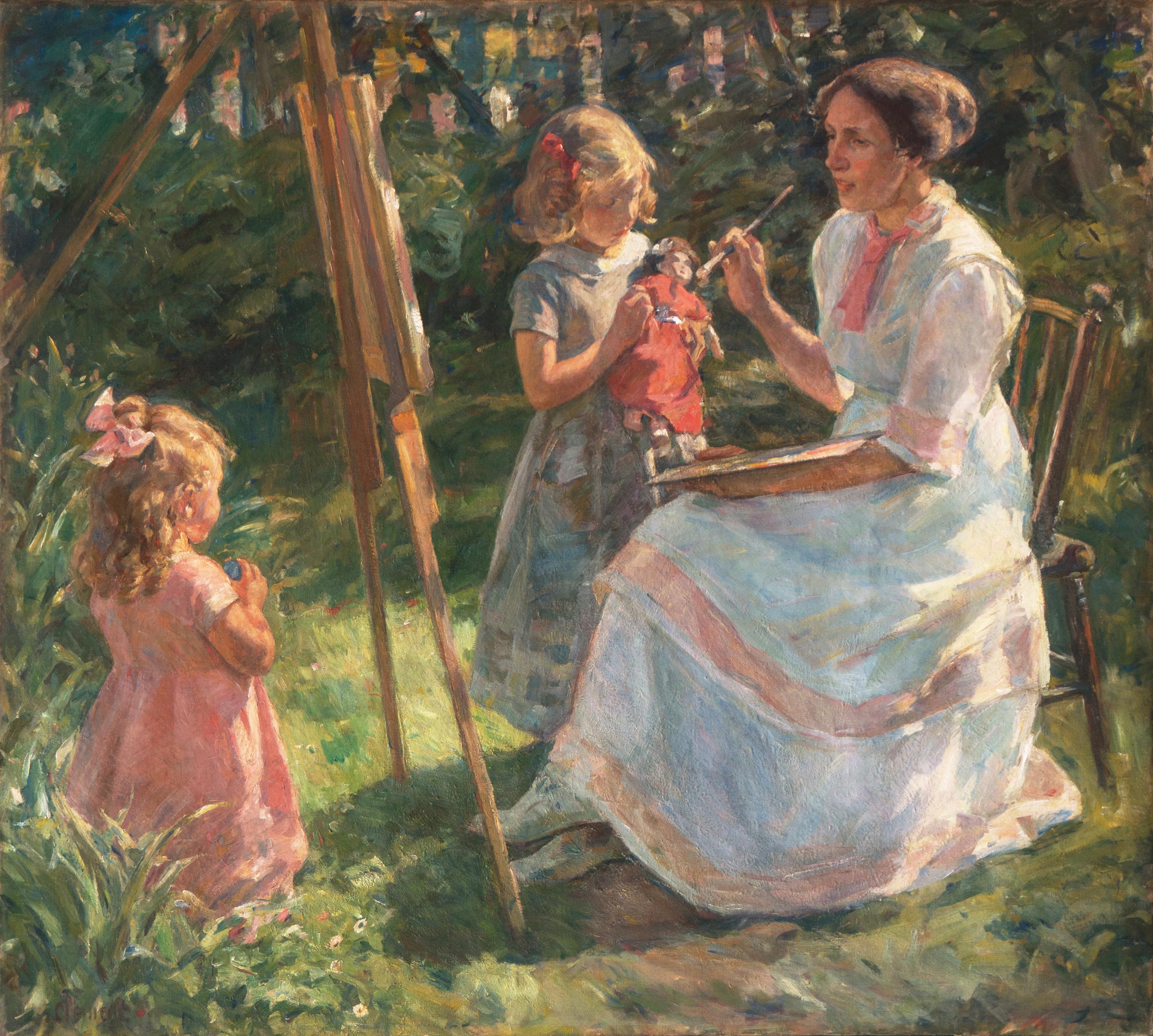 'The Artist's Wife and Children', Danish Impressionism, Large Exhibition Oil