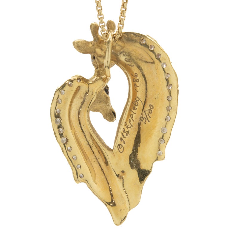 G and G Appleby 18 Karat Yellow Gold Diamond and Enamel Double Giraffe