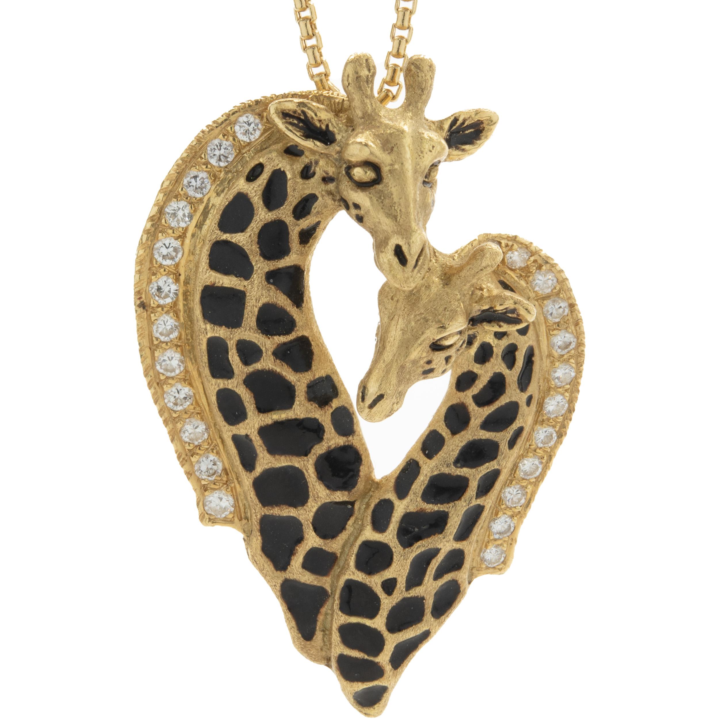 G & G Appleby 18 Karat Yellow Gold Diamond and Enamel Double Giraffe Necklace For Sale