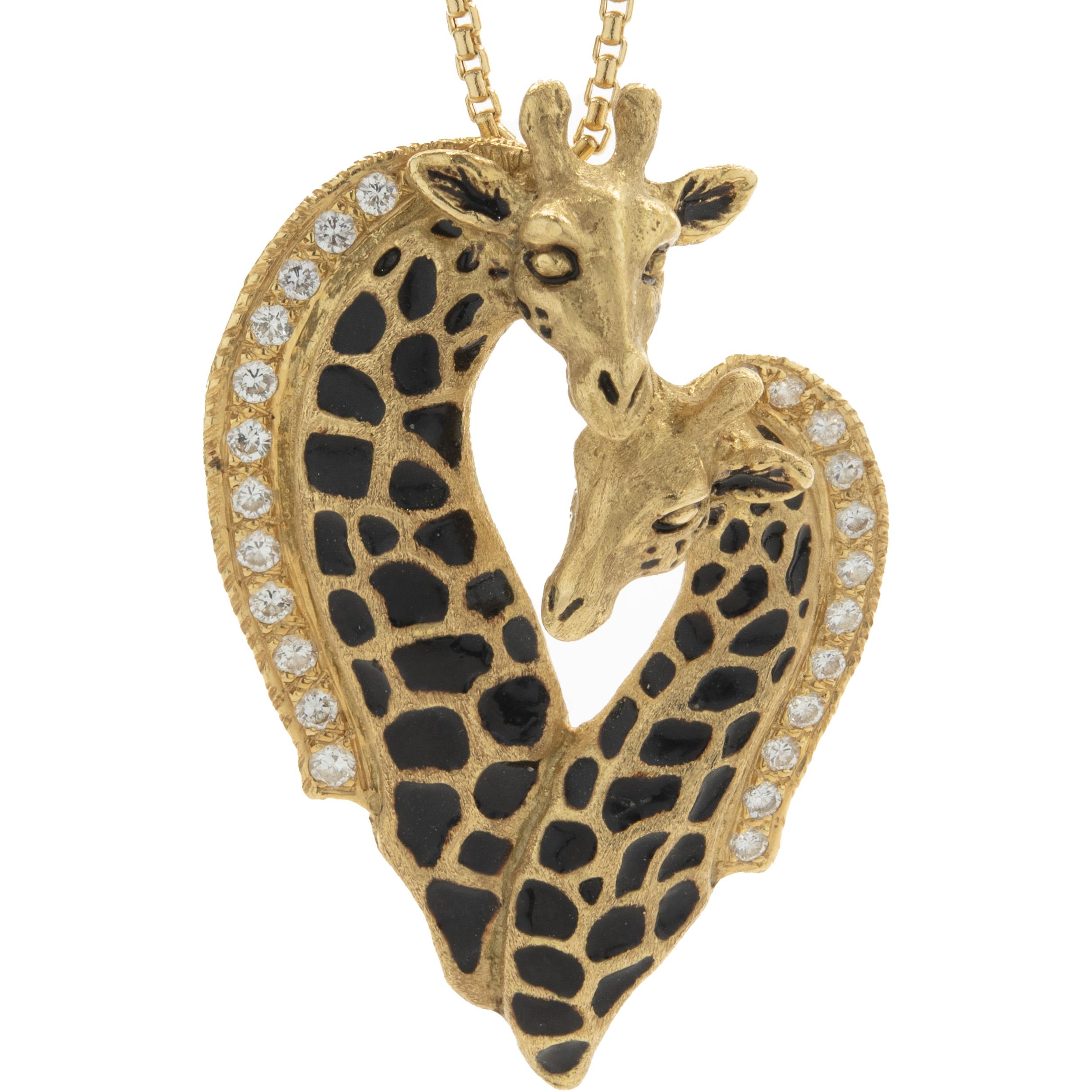 G & G Appleby 18 Karat Yellow Gold Diamond and Enamel Double Giraffe Necklace