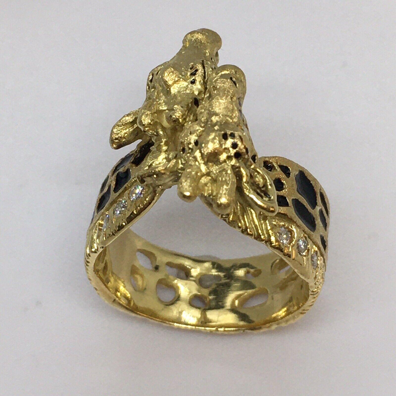 Round Cut G & G Appleby 18 Karat Yellow Gold Diamond and Enamel Double Giraffe Ring For Sale