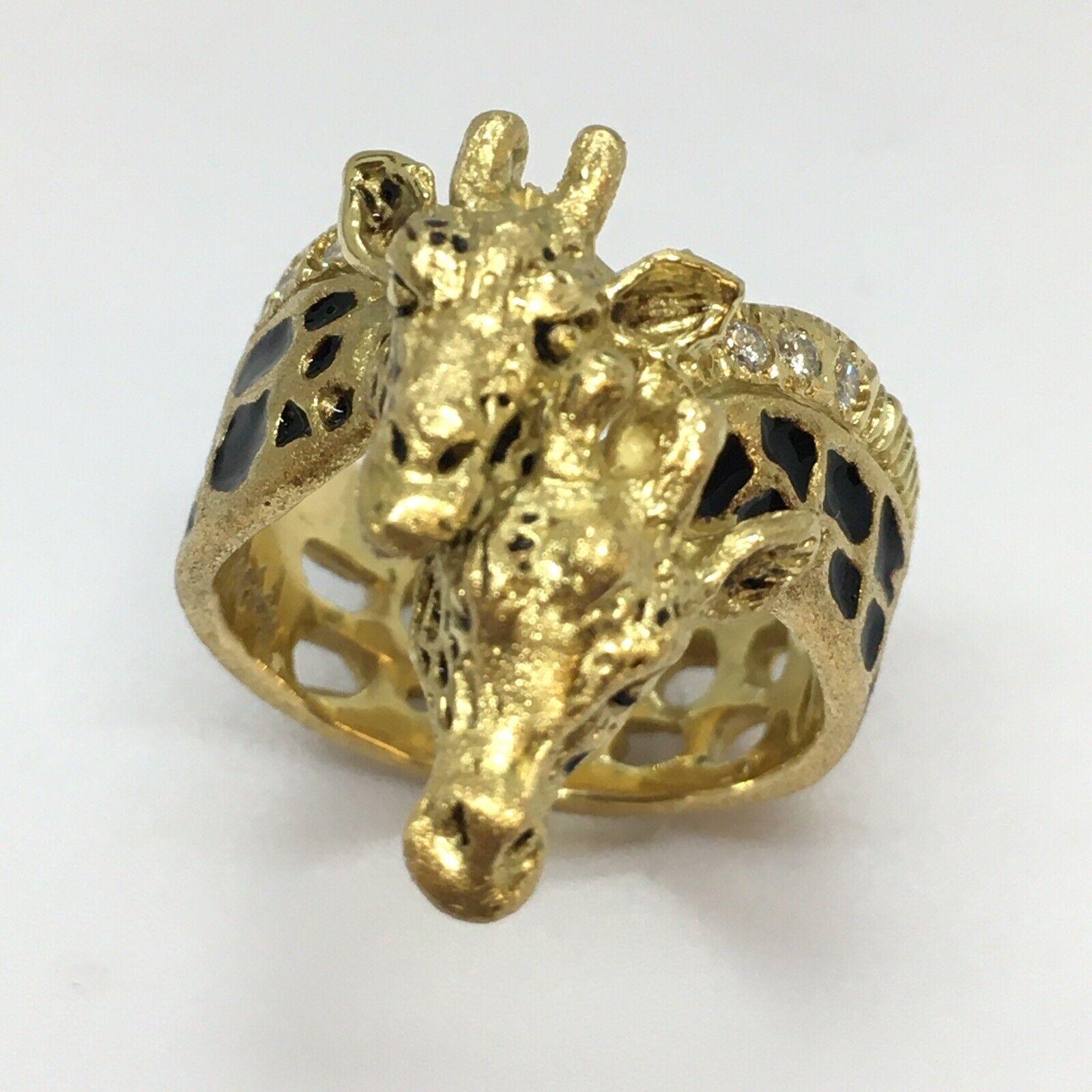 Women's G & G Appleby 18 Karat Yellow Gold Diamond and Enamel Double Giraffe Ring For Sale