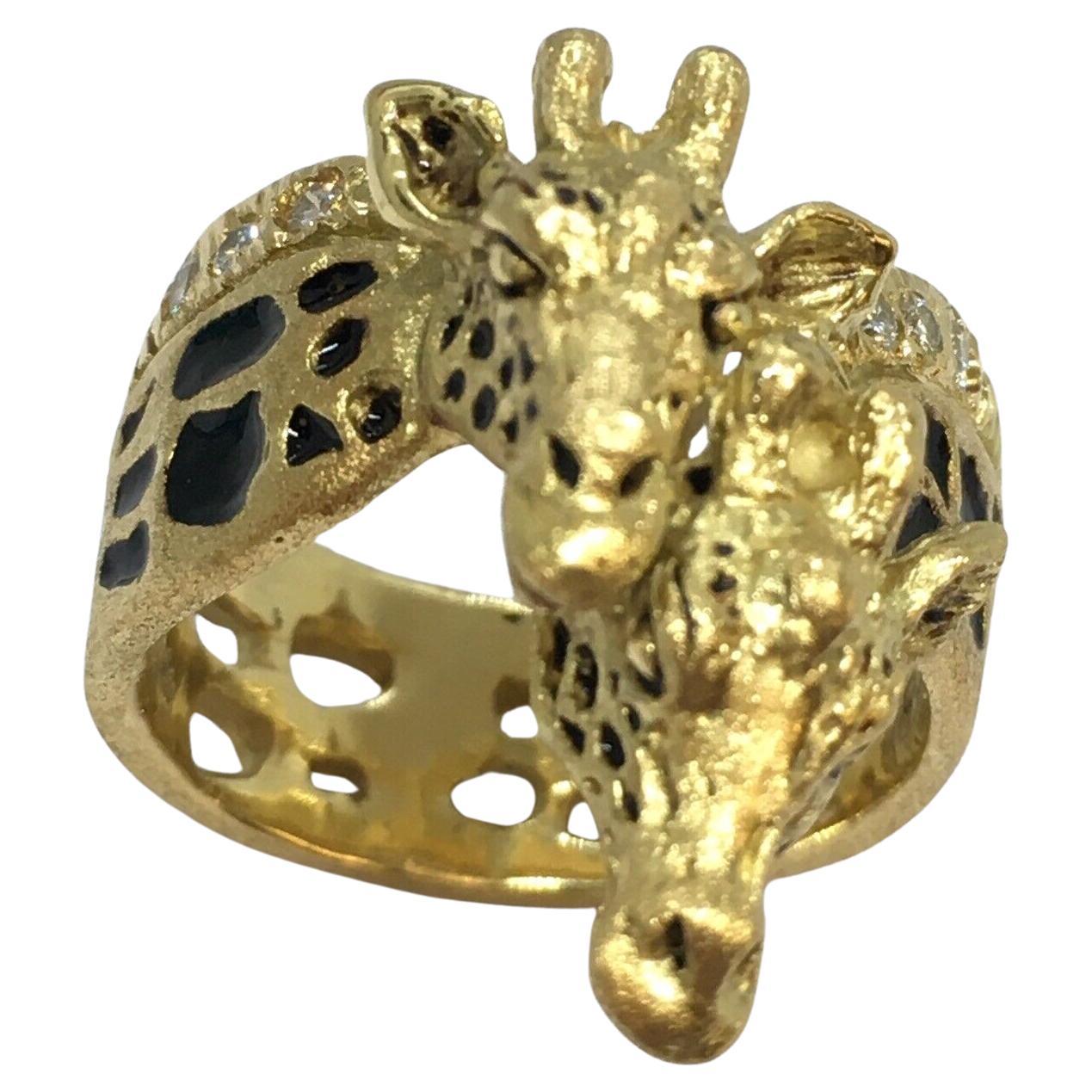 G & G Appleby 18 Karat Yellow Gold Diamond and Enamel Double Giraffe Ring For Sale