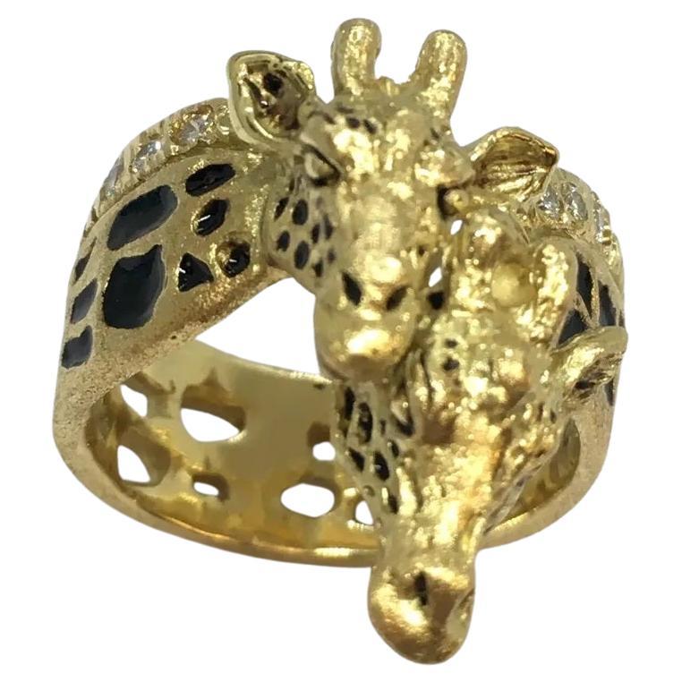 G & G Appleby 18 Karat Yellow Gold Diamond and Enamel Double Giraffe Ring For Sale