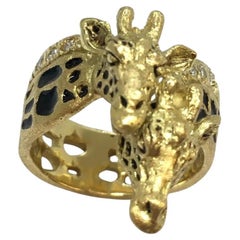 G & G Appleby 18 Karat Yellow Gold Diamond and Enamel Double Giraffe Ring