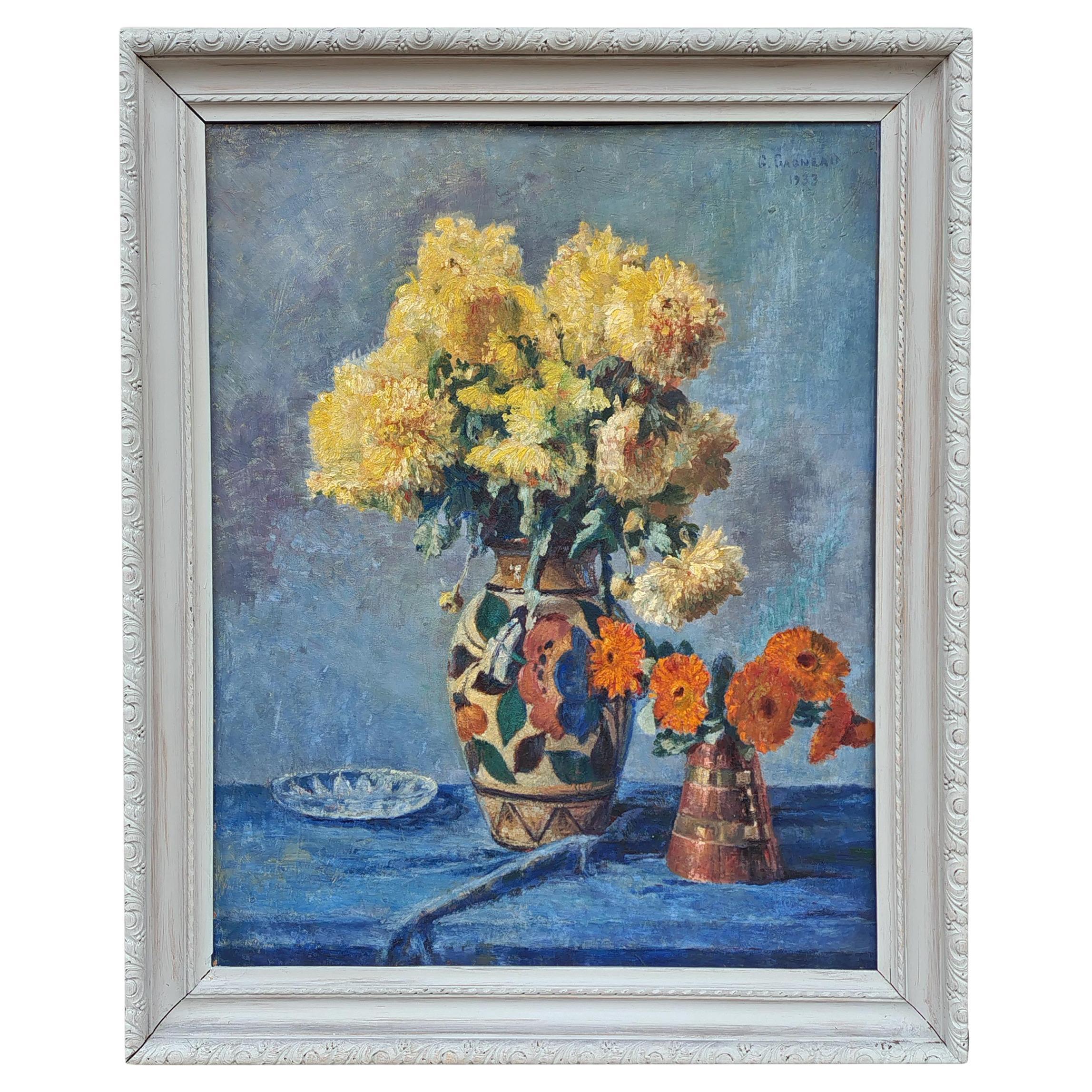 G. Gagneau, Huile sur toile Composition avec Dahlias et Gerberas