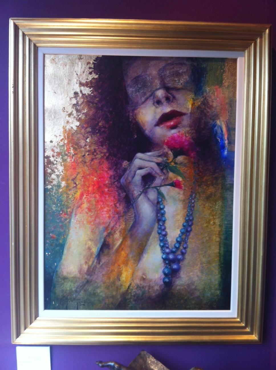 'Profuno' Contemporary Portrait painting of a woman holding a rose, reds, pink - Painting by G. Golia