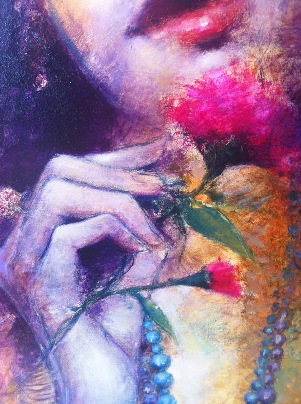 'Profuno' Contemporary Portrait painting of a woman holding a rose, reds, pink - Gray Figurative Painting by G. Golia