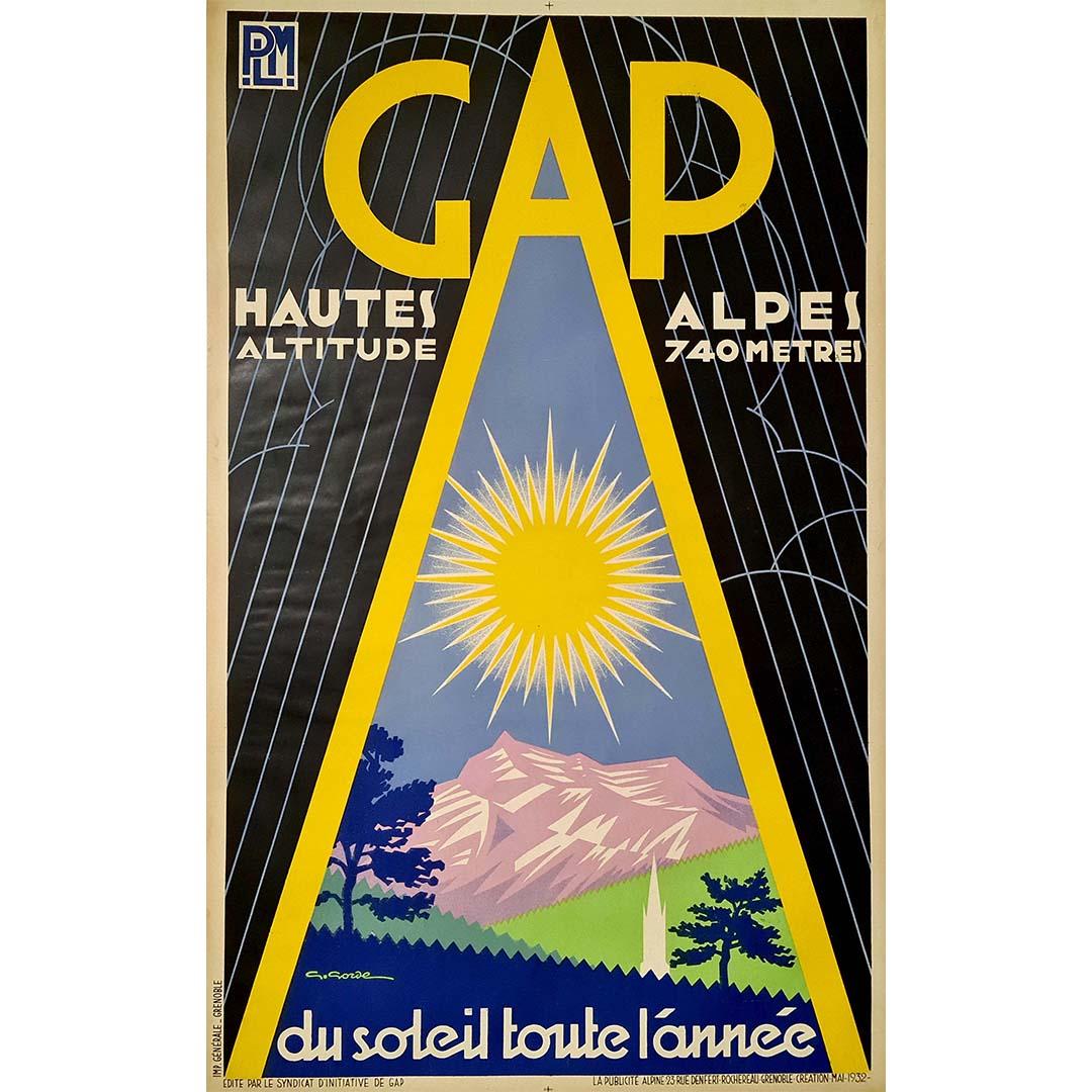 This original poster about the city of Gap, a small town surrounded by beautiful mountains and bathed in Mediterranean sunshine, was created by Gaston Gorde in 1932 for the PLM railway company. The composition is clearly out of the ordinary: two