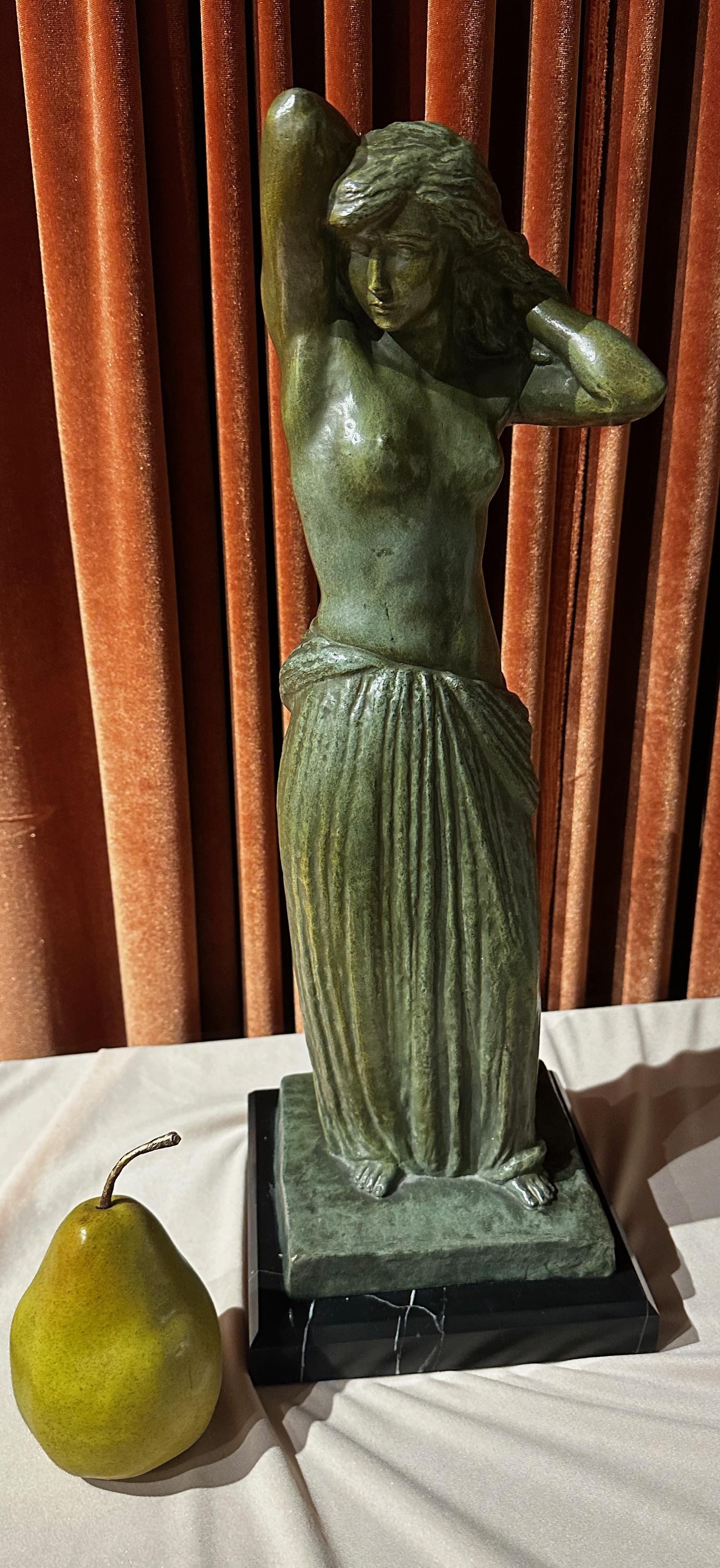 G Gori bronze Female draped nude statue Classic Art Deco made in France. A verdigris green patinated bronze sculpture depicting a bare-breasted female standing with hands behind her head mounted on a marble base. 1925-1930 stylized pose with fine