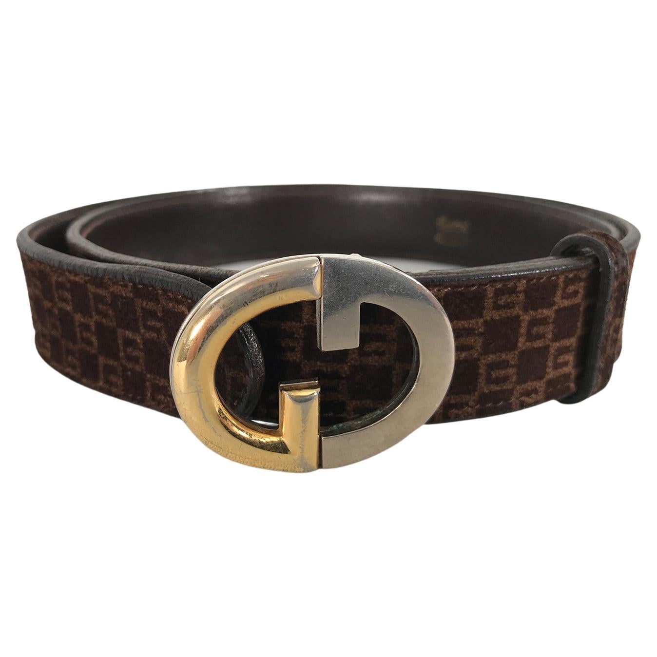 G Gucci Brown Suede Logo Belt Gold/Silver G Buckle 1970s