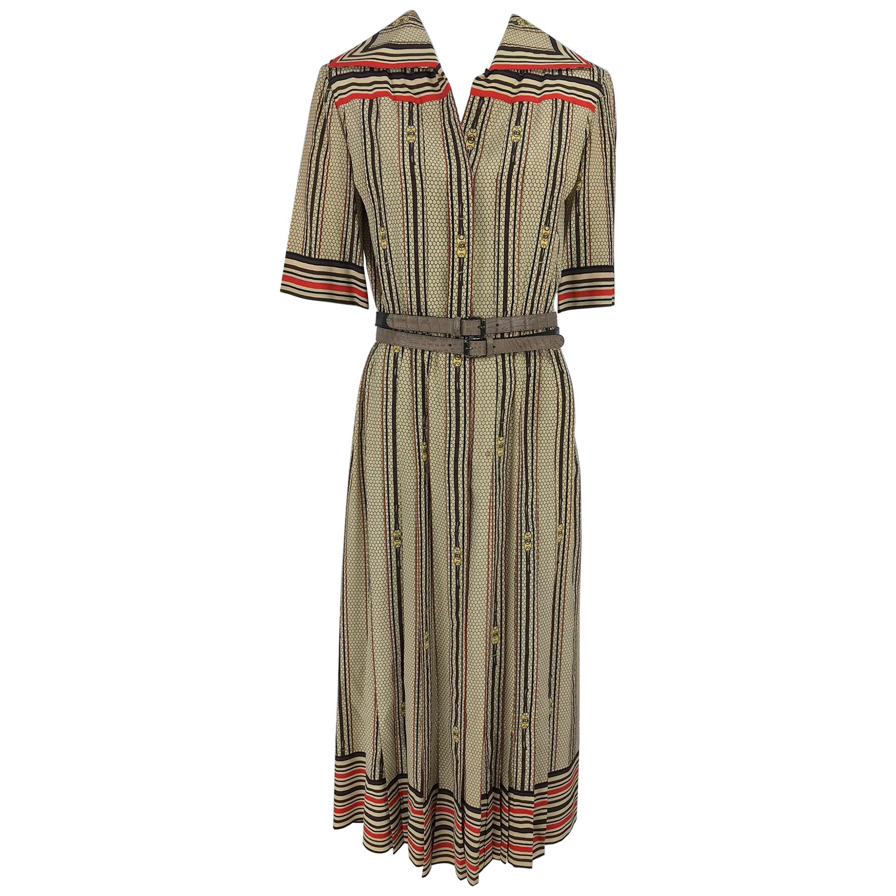 G Gucci Silk Shirtwaist Dress Rare Logo Print 1970s